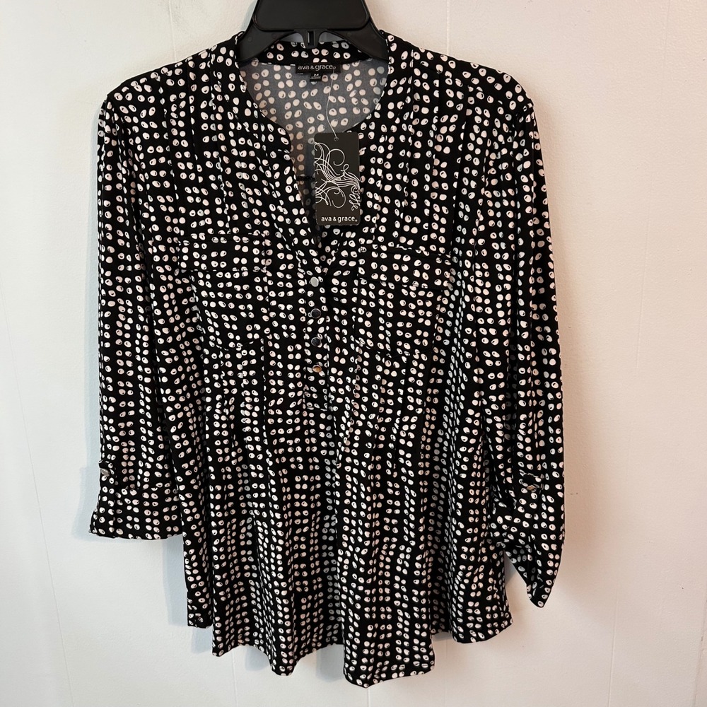 Ava & Grace Womens Medium Black White Polka Dot 3/4 Sleeve Button Front Blouse